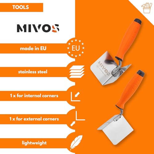 Mivos 2 x Eckenkelle Rostfreie 80 x 60 mm - Inneneckenkelle und Außeneckenkelle aus Edelstahl - Innen und Außen Kantenkelle mit Softgriff - Eckspachtel Made in EU