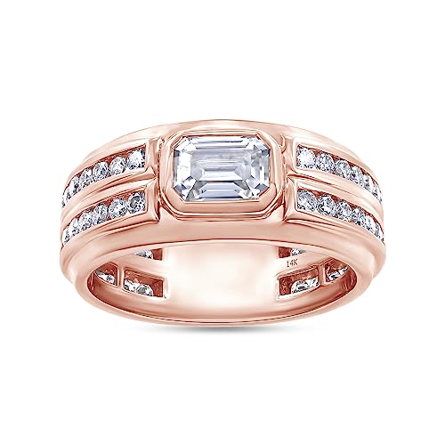 Wishrocks 2 1/4 CT Center 7X5MM Emerald & Round Cut Moissanite Men's Double Row Anniversary Wedding Band Ring In 14K Solid Rose Gold For Men(VVS1/2.25 Cttw)-9.5