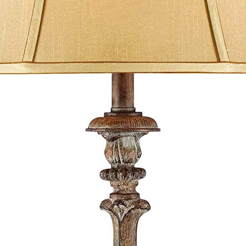 Regency Hill Rustic French Country Traditional Style Lamp Floor Standing 62" Tall Faux Wood Antique Candlestick Beige Silk Fabric Bell Shade Decor For Living Room Reading House Bedroom Home #TOP2