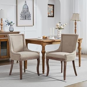 Modern Dining Chairs Set of 2 High Back Dining Chairs Side Chairs with Solid Wood Legs Upholstered Fabric Dining Room Chairs for Dining Room Kitchen Beige