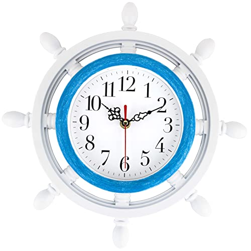 Ships Wheel Wall Clock, Coastal Blue and White Colors, for Nautical, Beach or Sea Theme Home Decor