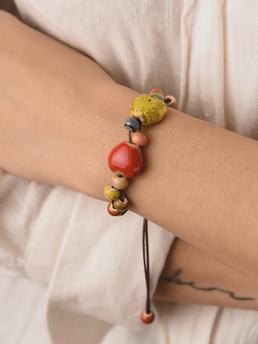 MINACHI Ceramic Beaded Bracelets for Women, Boho Style Beaded Bracelets with Colorful Heart Ceramic Beads, Adjustable Elastic Bracelets Jewelry for Women2