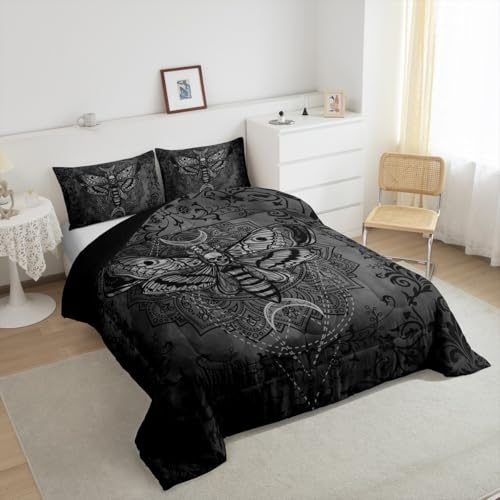 Image of Feelyou Boys Girls Black Moth Damask Bedding Set Toddler Size, Gothic Comforter Set Kids Death Moth Bohemia Boho Duvet Insert Teens Bedroom Decor Microfiber Bed Set