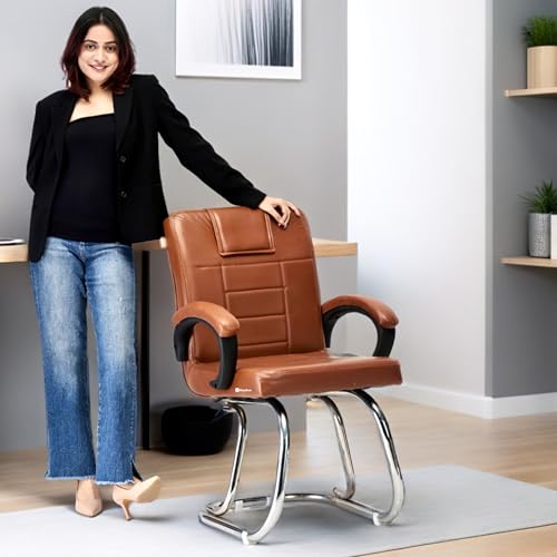 Image of Goyal steel & furniture Executive Office Chair Home Study Reception Library Chair with arm Rest and Cushioned seat Back Chair (1, Brown, Double Pipe Frame)