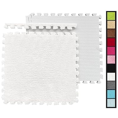 16 Pcs Shaggy Interlocking Foam Carpet Tiles - 12" x 12", 16 Sq,Ft Kids Carpet Squares Protective Floor Mats Crawling Exercise Area Rugs for Children Room, Home or Classroom Use, White