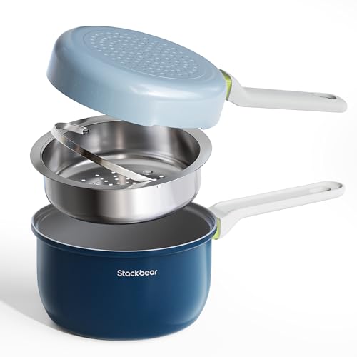 Ceramic Non Stick Cookware Set, 2.5QT Saucepan, 7' Egg Omelette Pan & 18/10 Stainless Steel Steamer, Induction Ready Frying & Sauce Pan Set, PTFE, PFOA & PFAS Free, Mix Blue