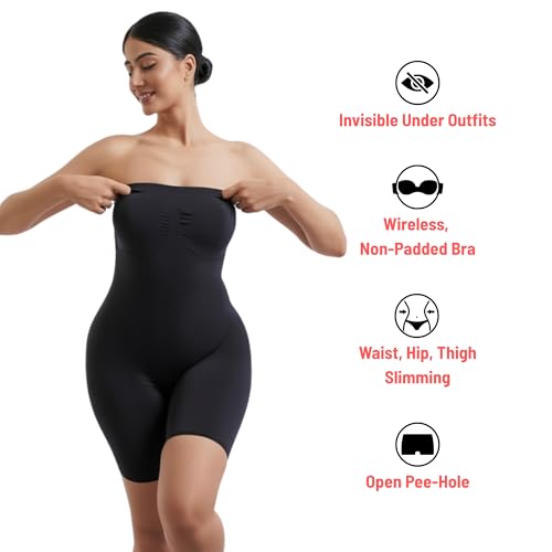 Image of Strapless Shapewear Bodysuit | Tummy Control + Butt Lifting | Seamless Mid-Thigh Shaper | 4 Way Stretch | Detachable Transparent Straps | Tube Dress, Off-Shoulder Outfit
