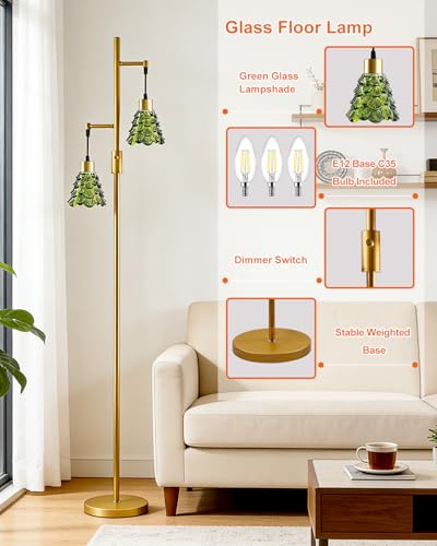 Image of 2-Light Modern Glass Floor Lamp, Gold Standing Tall Lamp with Green Shell Glass Shade, Dimmable LED Floor Lamp with 5Lbs Heavy Base for Living Room Bedroom Home Decor, Bulb Included
