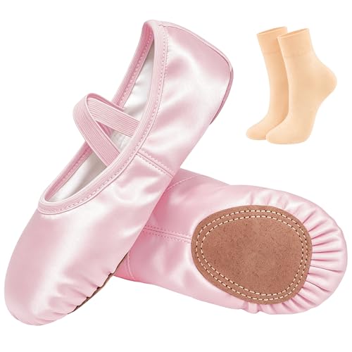 DANSHOW Satin-Ballettschuhe für Mädchen Ledergespaltener Sohle mit elastischem Riemen Kindertanzschuhe + 1 Paar Tanzsocken(WX22-08-31+duwa)