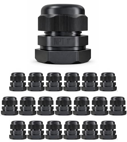 MGI SpeedWare 1" NPT Strain Relief Nylon Cord Grip Cable Glands, Black Plastic Grommet 20-Pack