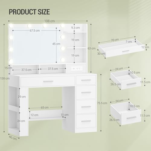 Hzuaneri Vanity Desk with Large HD Mirror, Dressing Table with LED Light and Charging Station, Makeup Table with 6 Open Compartments, 5 Drawers and Side Open Storage, Bedroom Room, White DT42603XCA by Hzuaneri - Image 2