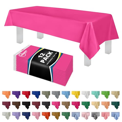 Image of Grandipity Plastic Table Cloth Disposable 12 Pack 54 inch x 108 inch Rectangle | Hot Pink Plastic table covers, durable disposable tablecloths, fade and tear-resistent table cover for party, event