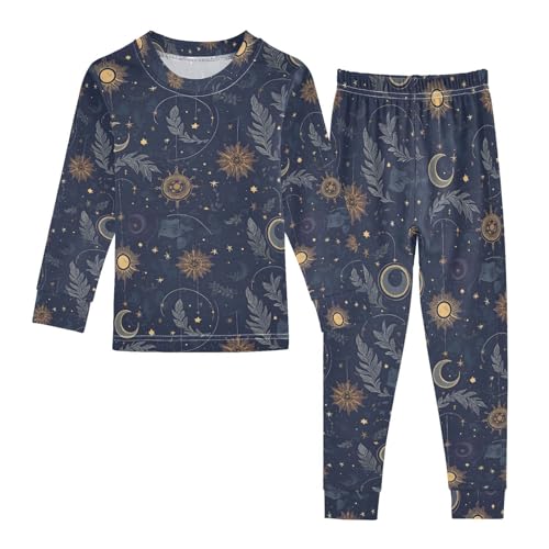 ALAZA Golden Star Moon Leaves Blue Pajamas Long Sleeve Sleepwear 2-Piece Pajama Set