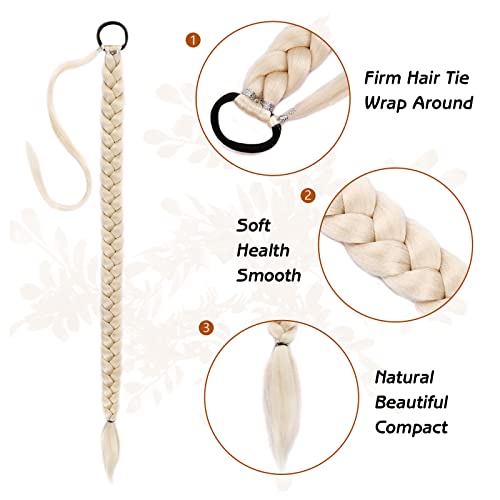 Long Braided Ponytail Extension Hh Fashion 30 Inch Straight Wrap Around Hair Extensions Ponytail With Hair Tie Natural Soft Synthetic Hairpiece For Women Girl Daily Wear Ash Blonde #TOP2