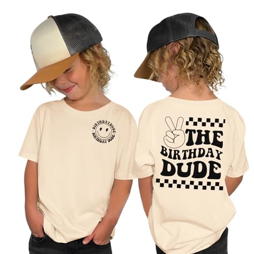 Urodzinowy T-shirt dla chłopca, z nadrukiem urodzinowym, dla chłopców, na lato, z krótkim rękawem, okrągły dekolt, strój dla małych dzieci, morela, 4-5 Lat