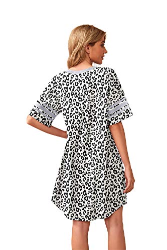 Weaczzy Women's Nightgown Short Sleeve Sleep Shirt Comfy Night Shirt V Neck Casual Loungewear (Leopard White,Large) #TOP2