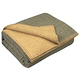 LYHome Manta Lana Merino - Plaid de Lana de Oveja para Viaje Militar Camping, Cubre para Sofa Cama, Mantas Sofas, Cobijas Calientes Invierno Verano (130 x 170 cm, Verde Oliva y Mostaza Doble-Cara)