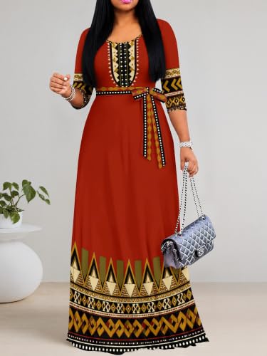 Image of PinkPatty Women's Plus Size Maxi Dresses Casual Flowy 3 /4 Sleeves Dress Printed Vacation Dress for Daily Wear with Belt