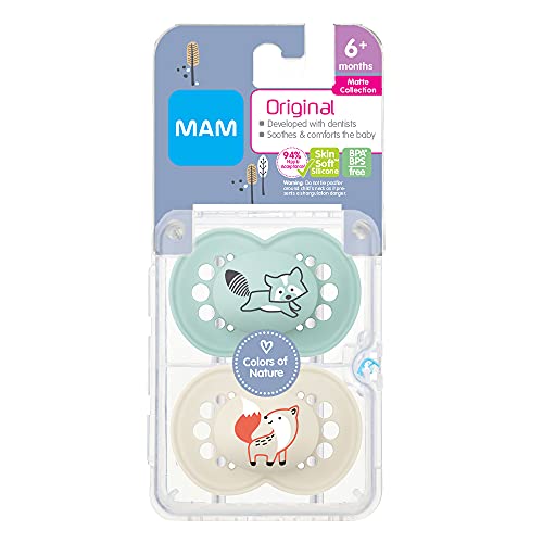 Image of MAM Original Matte Baby Pacifier, Nipple Shape Helps Promote Healthy Oral Development, Sterilizer Case, Boy, 6-16 Months (Pack of 2)