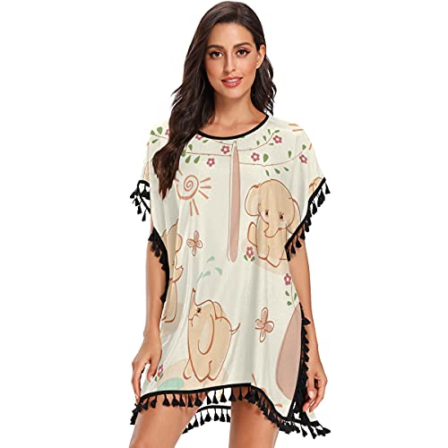 Lindo Fondo De Pantalla De Elefantes Niña Trajes de Baño Bañador de Gasa Encubrimientos Ropa Vestido de Playa Borla Verano Cover Up