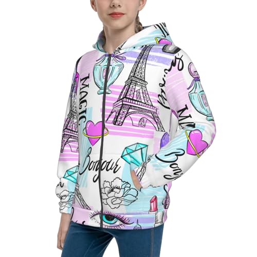 Eiffel Tower and Hearts Kid Hoodies Boys Zip Up Sweatshirts Girls Pullover with Pocket