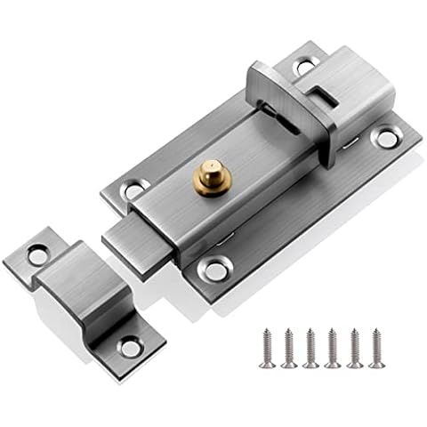 Rusoz Gate Bolt Heavy Duty, 4 Inch Solid Door Bolts with Copper Reset Button, Silide Bolt Lock Stainless Steel for Increased Safety Indoors and Outdoors, Silver Cover