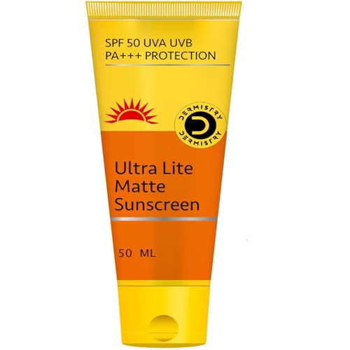 Image of Dermistry Ultra Lite Matte Oil Free Water Based Sunscreen SPF 50 For Oily Acne Prone, Dry & Combination Skin, Daily Use Broad Spectrum UVA UVB No White Cast Light Weight Men Women Boys Girls 48ml