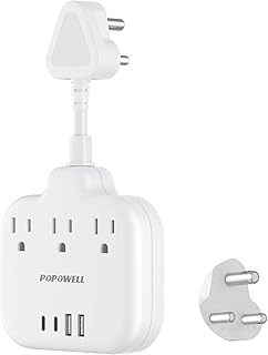 Us to India Plug Adapter, India travel adapter with 4 USB (2 Type C) chargers & 3 American Outlets, Outlet Adapter for USB to India, Pakistan, Bangladesh, Short Cord, 0.6 ft, Type M Plug