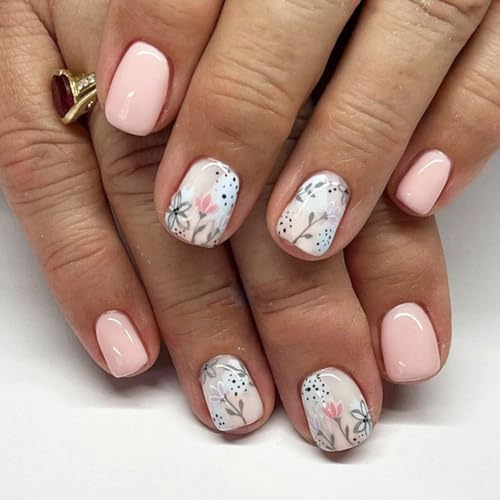 Pink Flower Press on Nails Short Square Fake Nails Cute Floral Fa...