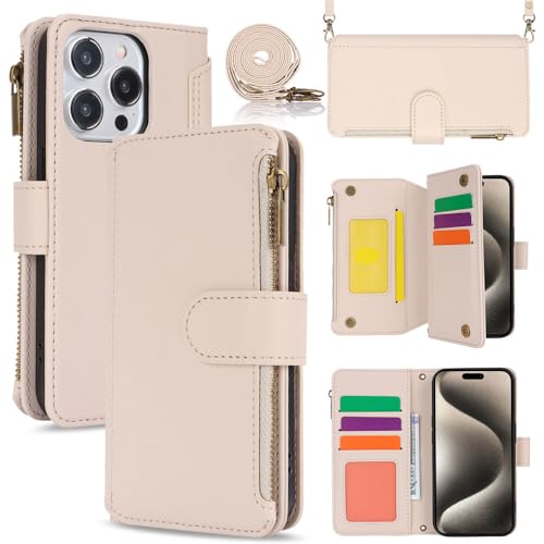 Étui iPhone 16 Pro Max beige portefeuille en cuir avec fermeture magnétique