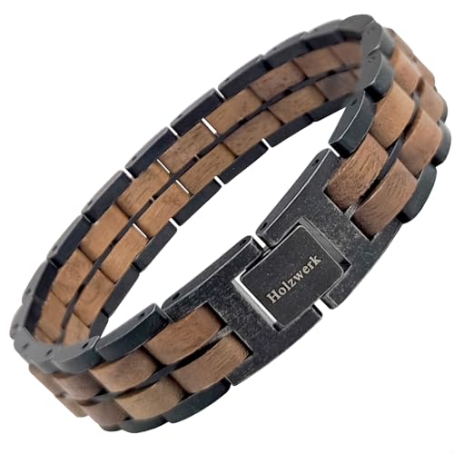 Holzwerk KRIENSEE Natur Holz Armband für Damen und Herren Holzarmband Herrenarmband Damenarmband Braun Schwarz Antik Einstellbar inkl. Armbandkürzer und Aufbewahrungsbox (Braun-Schwarz)