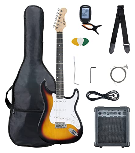 McGrey Rockit ST Komplettset E-Gitarre (8-teiliges Anfängerset mit Gitarre, Verstärker, Ersatzsaiten, Gitarrentasche, Stimmgerät, Plektren, Gurt und Gitarrenkabel) Sunburst
