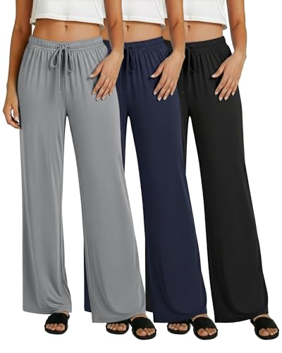 Image of Real Essentials 3 Pack: Women's Soft Palazzo Pants - Wide Leg Yoga Casual Loungewear Pajama Pj Bottoms (Plus Available)