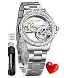 OLEVS Womens Skeleton Watch Automatic Self Winding Sterling Silver Diamond Ladies Luxury Dress Wrist Watch for Women