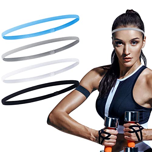 Sumind 4 Pieces Thick Non-Slip Elastic Sport Men Thin Headbands Football Hair Headbands for Women(Black, White, Gray, Blue)