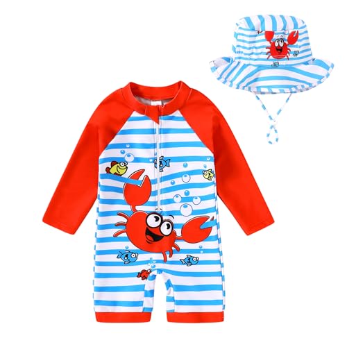 YOUNGER TREE Baby Boys Swimsuit Toddler One Piece Zipper Bathing Suit Long Sleeve Rash Guard Swimwear Sunsuit UPF 50+(Orange Crab 2-3T)