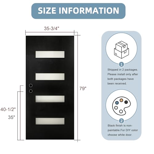 Image of Casaphoria 36 inch x 80 inch Fiberglass Front Door with White 4-9 /16 inch Vinyl Frame,Right Hand Inswing Exterior Door with Brickmould,Contemporary Wooden Grain Knock-Down Entry Door for Home Entrance, Balck
