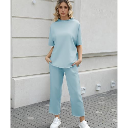 Image of SeeLuNa Women's Two Piece Outfits 3 /4 Batwing Sleeve Capelet Crew Neck Pullover Top Wide Leg Pants Lounge Set