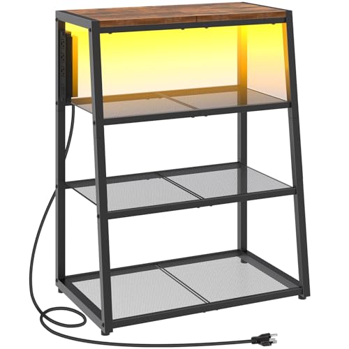 HOOBRO 4-Tier AV Media Stand, Stereo Stand with Charging Station and LED Light, Wooden Stereo Cabinet, Rack Audio Tower, Corner Entertainment Center, 30'', Rustic Brown and Black BF107UDCJ01