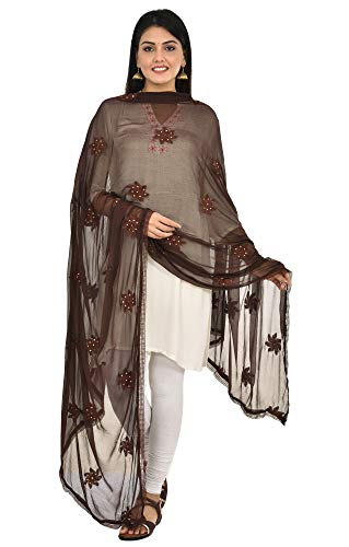 Image of YOUTHQUAKE Flower Embroidered Diamond Work Chiffon Dupatta for Womens & Girls With 4 Side Lace