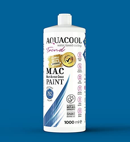AquaCool Peinture acrylique mate à séchage rapide pour intérieur et extérieur sur meubles, bois, plastique, verre, céramique, pierre (1000 ml, bleu azur 752) Cover