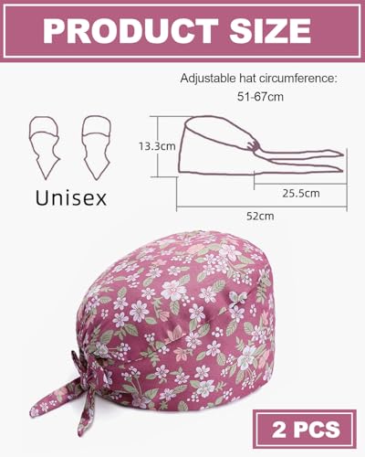 UYRVAPE 2 Stück OP Haube Verstellbar mit Knopf Arbeitskappe Baumwolldruck Krankenschwestern Kappe Unisex Staubhauben Kappe für Ärzten, Krankenschwestern