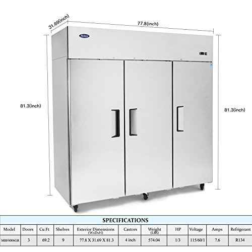 Atosa Commercial Refrigerator, Mbf8006 Single 3-Door Top Mount Stainless Steel Reach In Commercial Refrigerators Combo For Restaurant Kitchen 22.6 Cu.ft.33?-38? #TOP1