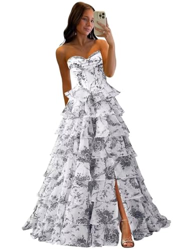 FoinLuve Ruffle Prom Dress Corset Tiered 2025 Strapless Long Chiffon Formal Evening Gown with Slit Floral Silver 08
