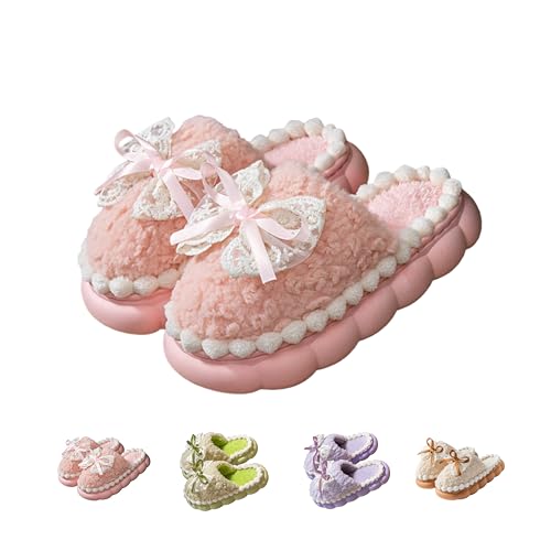 Women's Lace Bow Plush Slippers - Warm Fuzzy Lining, Cookie-Shaped Non-Slip Sole for Indoor Comfort