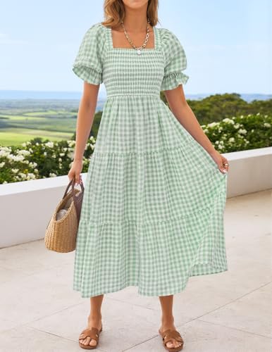 Image of ZESICA Women's 2026 Boho Summer Dresses Gingham Puff Sleeve Square Neck Flowy Beach Midi Dress