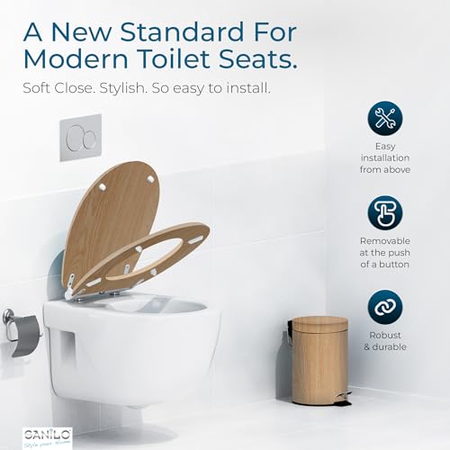 Image of Sanilo Wooden Toilet Seat with Quick Release & Soft Close [ROUND] - Decorative & Slow Close Molded Wood Seat - With One Click for Easy Installation & Cleaning - With Adjustable Fit (Wood)