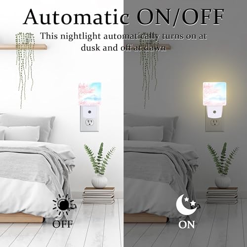 Image of Cherry Blossoms with Mountain Fuji Night Light Plug into Wall, Watercolor Pink Flowers Dusk to Dawn Night Light,0.5w Energy Saving Sleep Friendly Nightlights for Kids Boys Girls Home