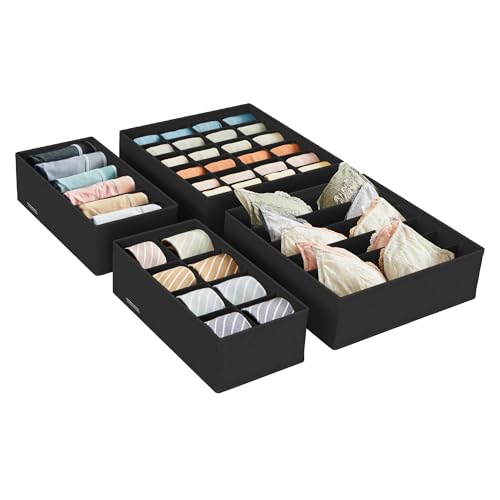 SONGMICS Unterwäsche-Organizer 4er Set, Schubladen-Organizer, faltbar, Ordnungssystem Kleiderschrank, Aufbewahrungsbox Schrank, Stoffboxen Aufbewahrung, für BHs, Socken, Krawatten, schwarz RUS04H