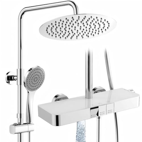 HOMELODY 2026 Neu Regendusche mit Thermostat und Glasablage Chrom - 30cm Duschsystem mit Armatur Duscharmatur Komplettset, 3 Strahlarten Handbrause Kopfbrause und Unterer Auslauf - Duschset Badzimmer